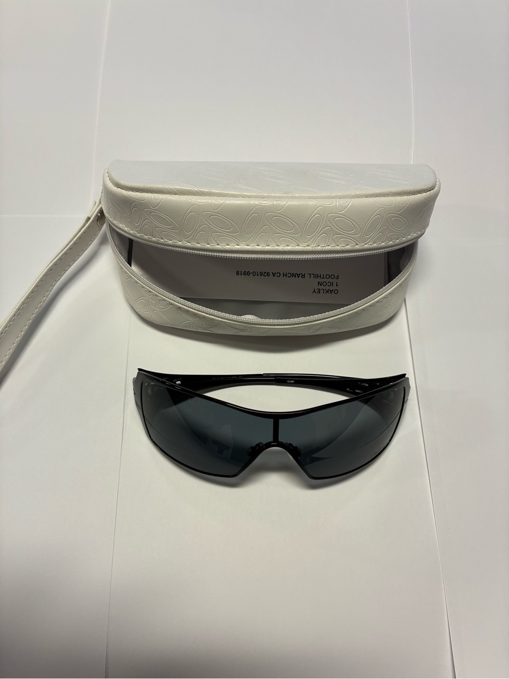 Oakley Black Shield Sunglasses with White Embossed Case